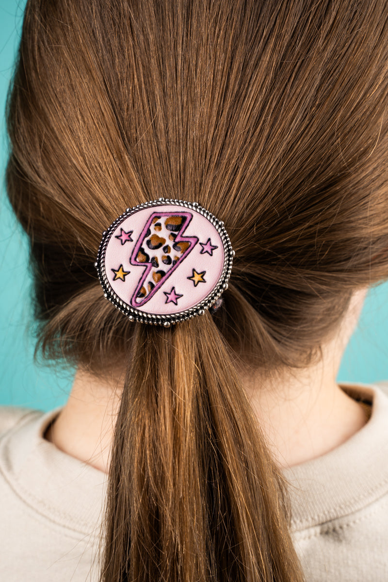 Pink Tooled Leather Lightning Bolt Hair Tie