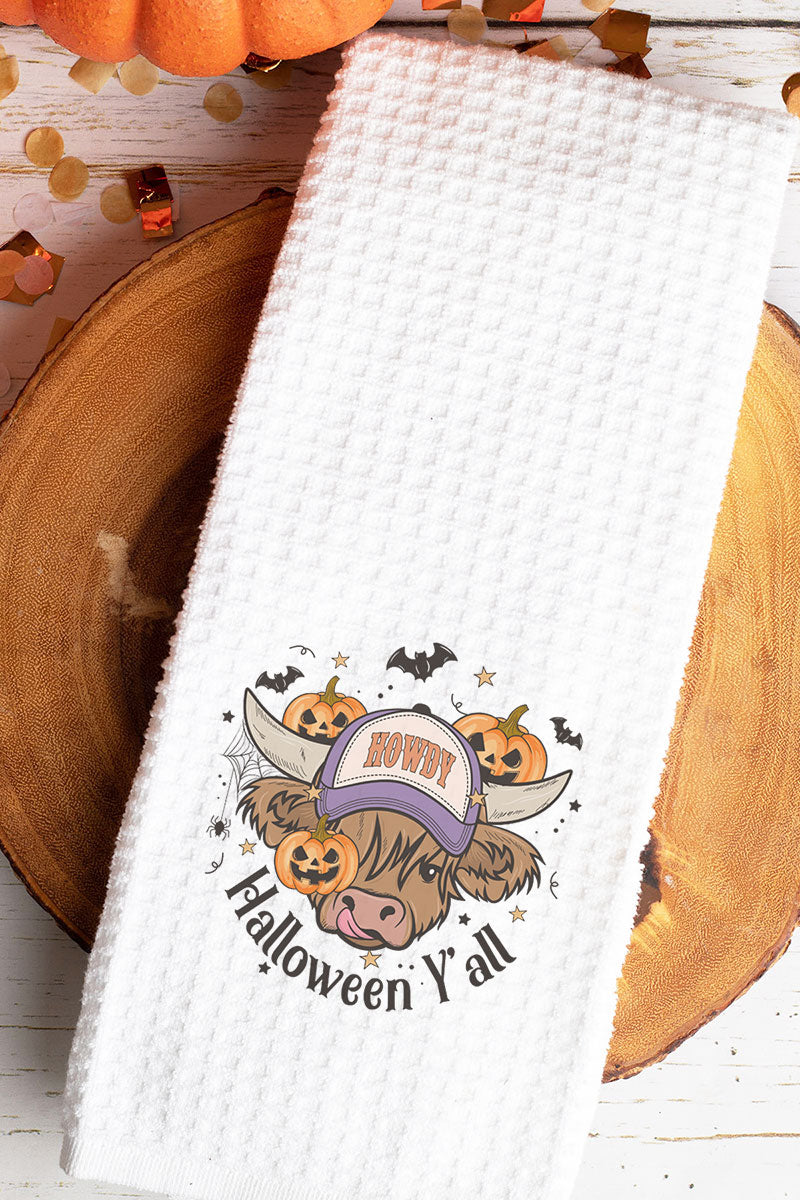 Howdy Halloween Highland Cow Waffle Kitchen Towel